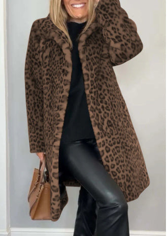 Manteau mi-long en peluche à imprimé léopard pour l'automne et l'hiver