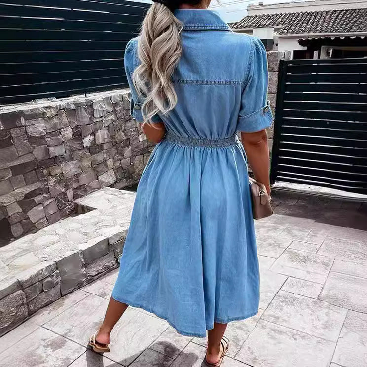 Robe Chemise en Jean à Boutonnage Simple – Élégance d’Été