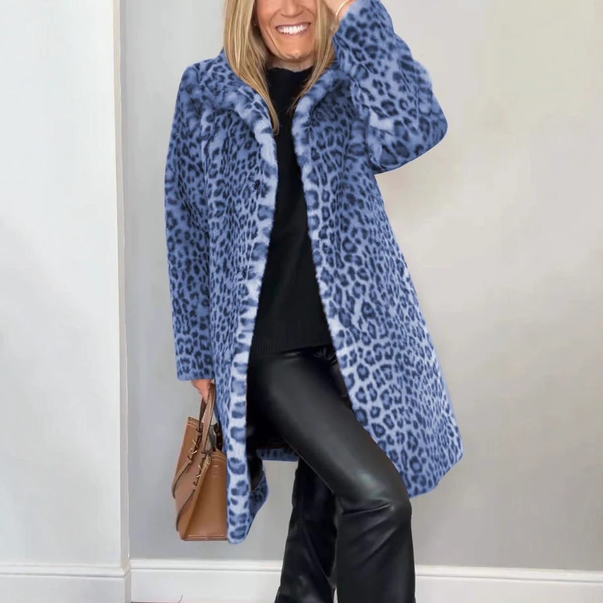 Manteau mi-long en peluche à imprimé léopard pour l'automne et l'hiver