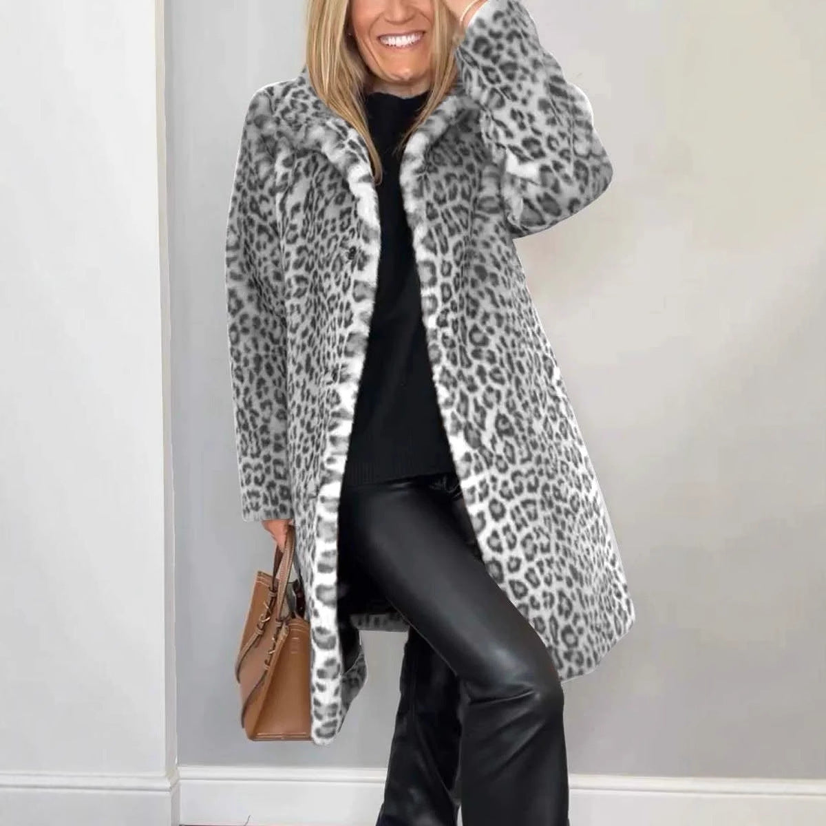 Manteau mi-long en peluche à imprimé léopard pour l'automne et l'hiver