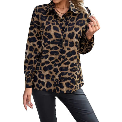 Chemise Féline Élégance – Manches Longues, Col à Imprimé Léopard avec Boucle
